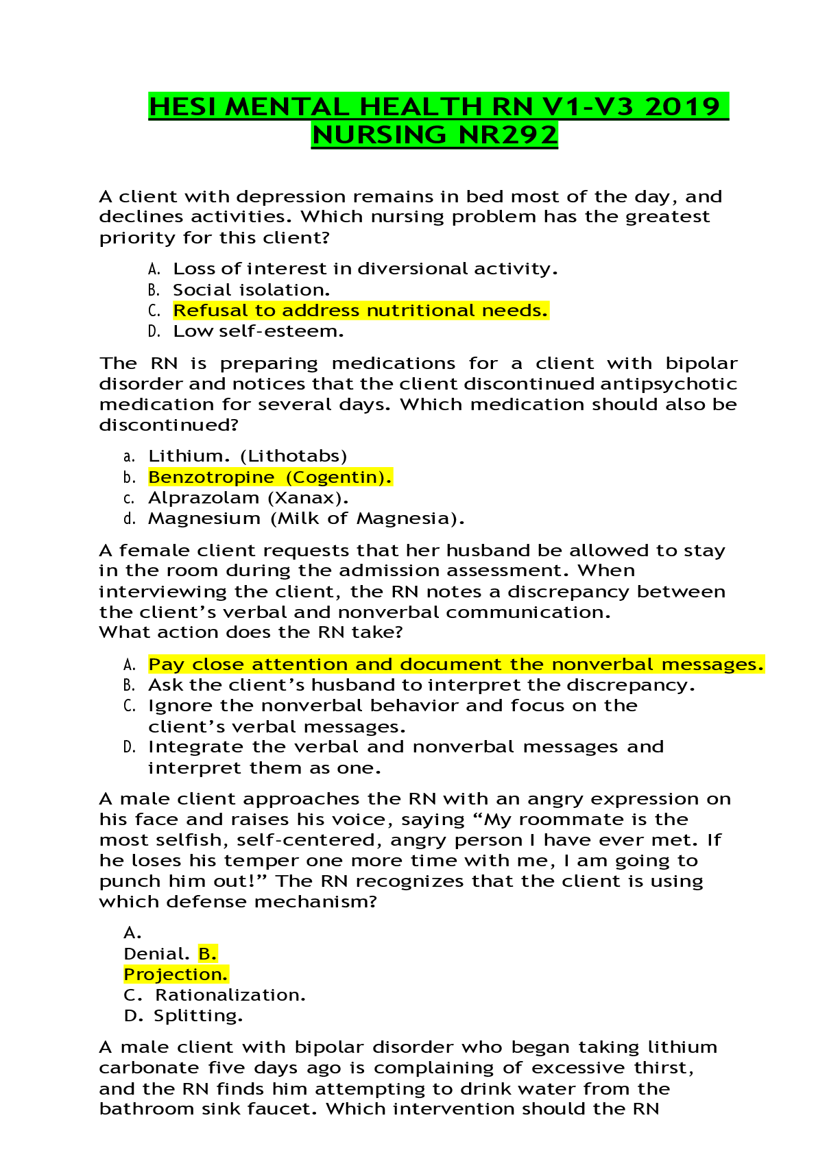 Preview of HESI MENTAL HEALTH RN V1-V3 2019 NURSING NR292